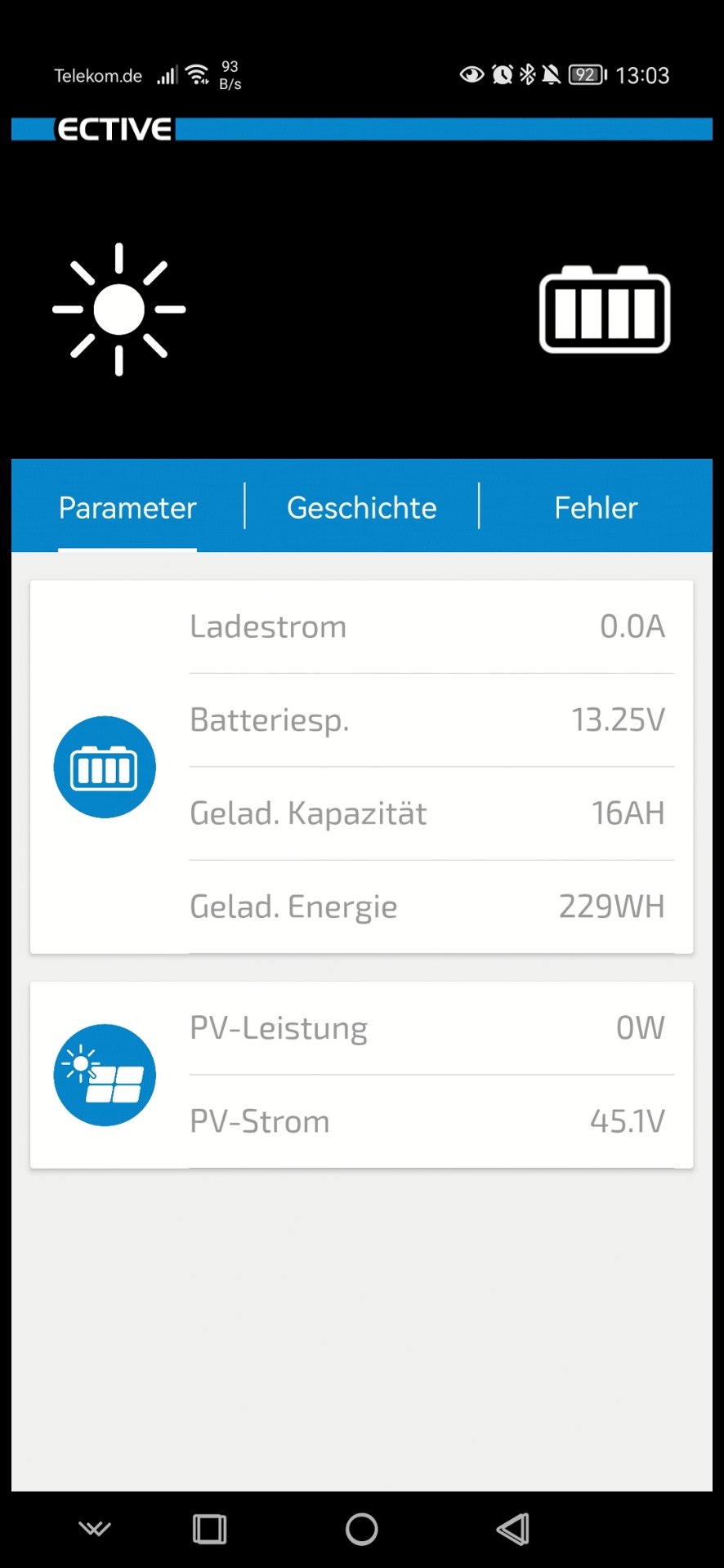 Spannung und Sonne da, 0 w. Charge, bat. Full